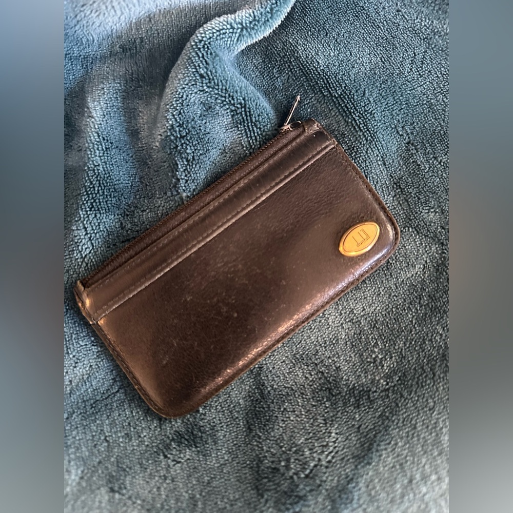Dunhill Black Leather Zip Card Wallet with Gold Logo Accent